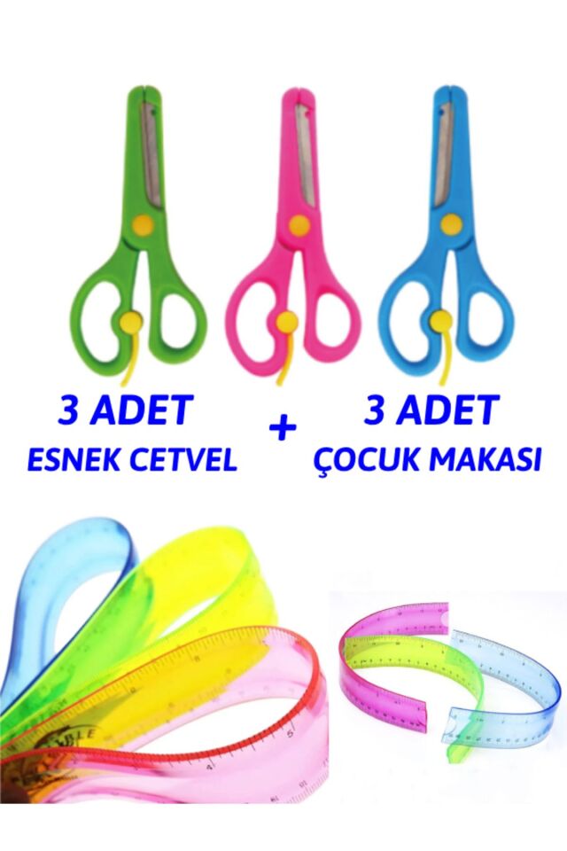 Okul Seti (3 Adet Küt Uçlu Korumalı Çocuk Okul Makası + 3 Adet Esnek Cetvel)