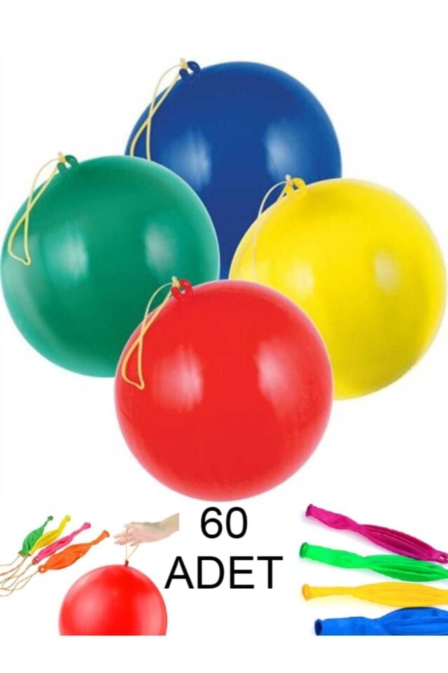 60 Adet Lastikli Zıpzıp Balon Ipli Punch Panç Büyük Balon
