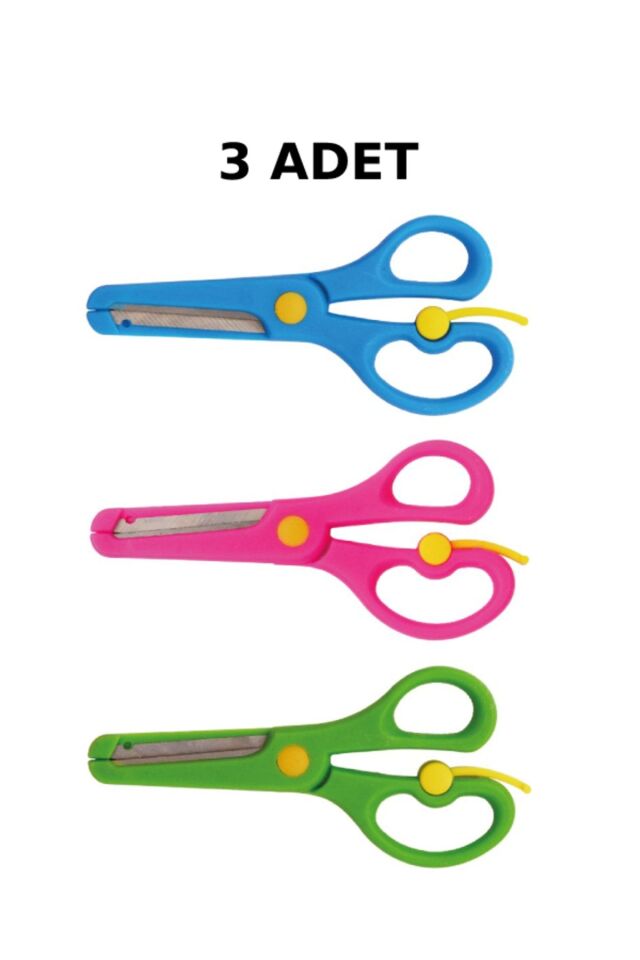 3 Adet Çocuk Makası Küt Uçlu Yaylı Plastik Korumalı Okul Öğrenci Makası