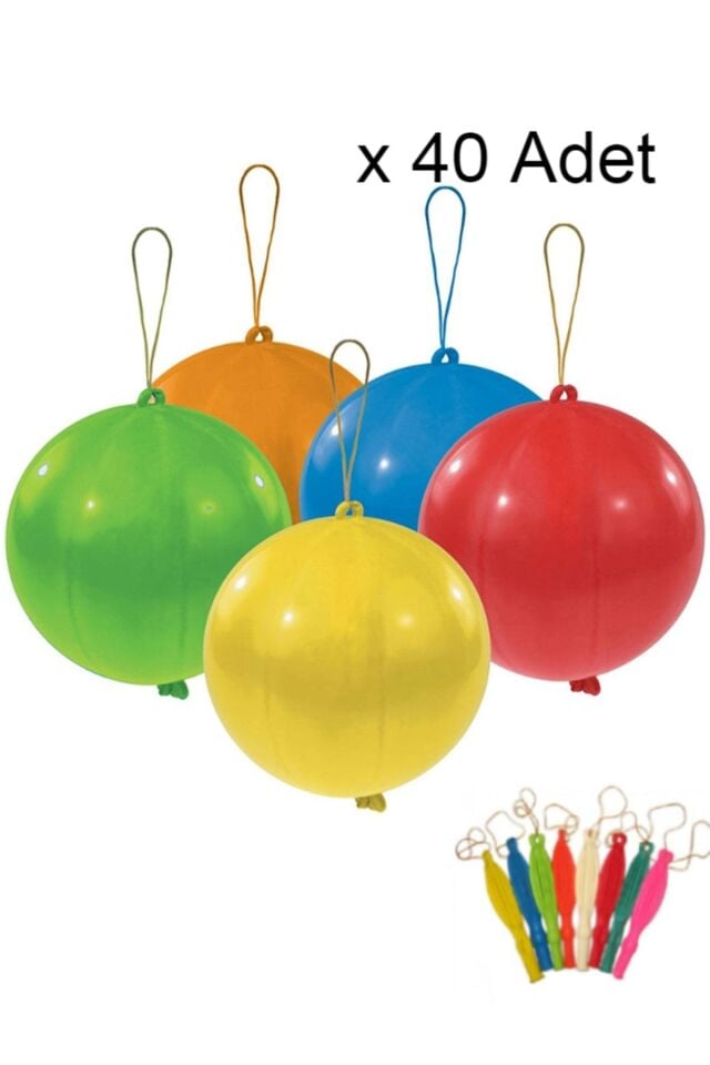 40 Adet Lastikli Zıpzıp Balon Ipli Punch Panç Büyük Balon