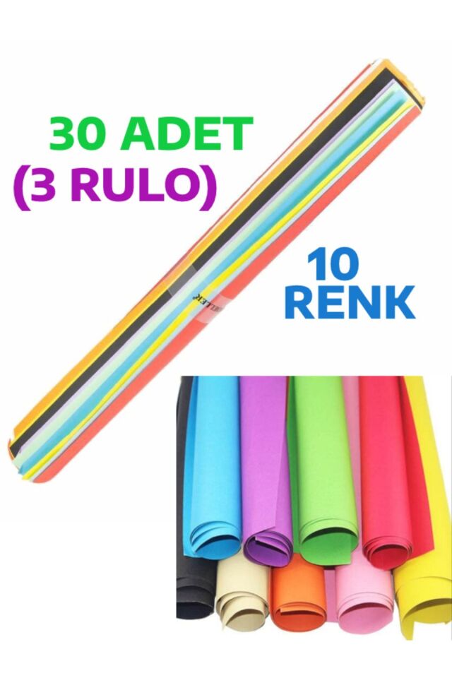 30 Adet 50x70 Cm Fon Kartonu 10 Renk(3 RULO) Fon Kartonu