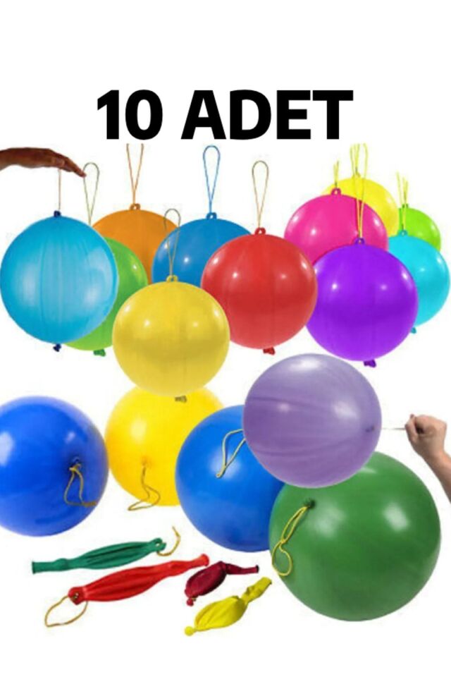 10 Adet Lastikli Zıpzıp Balon Ipli Punch Panç Büyük Balon