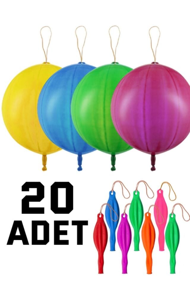 20 Adet Lastikli Zıpzıp Balon Ipli Punch Panç Büyük Balon